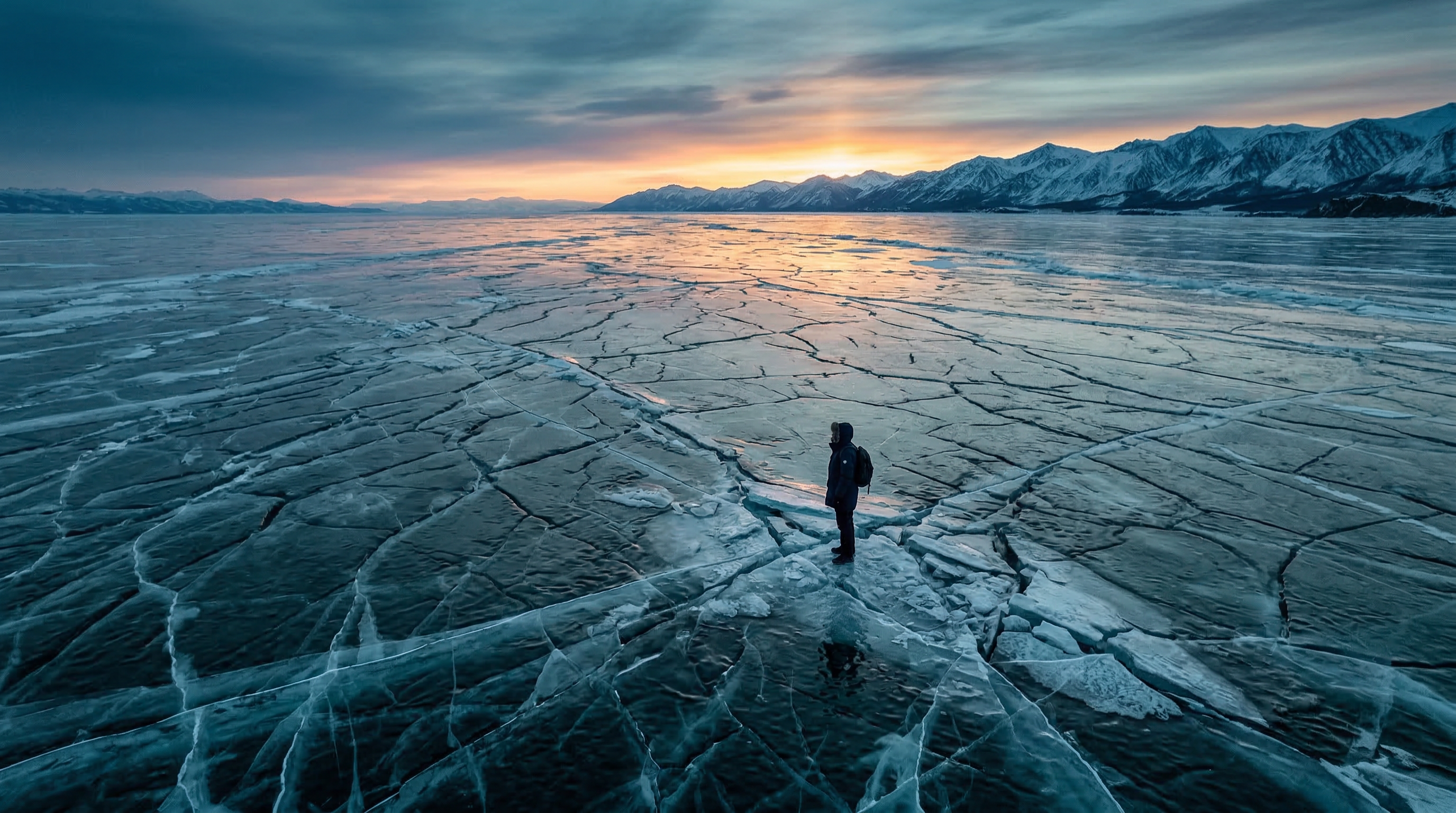 Person standing on a vast frozen lake at sunrise