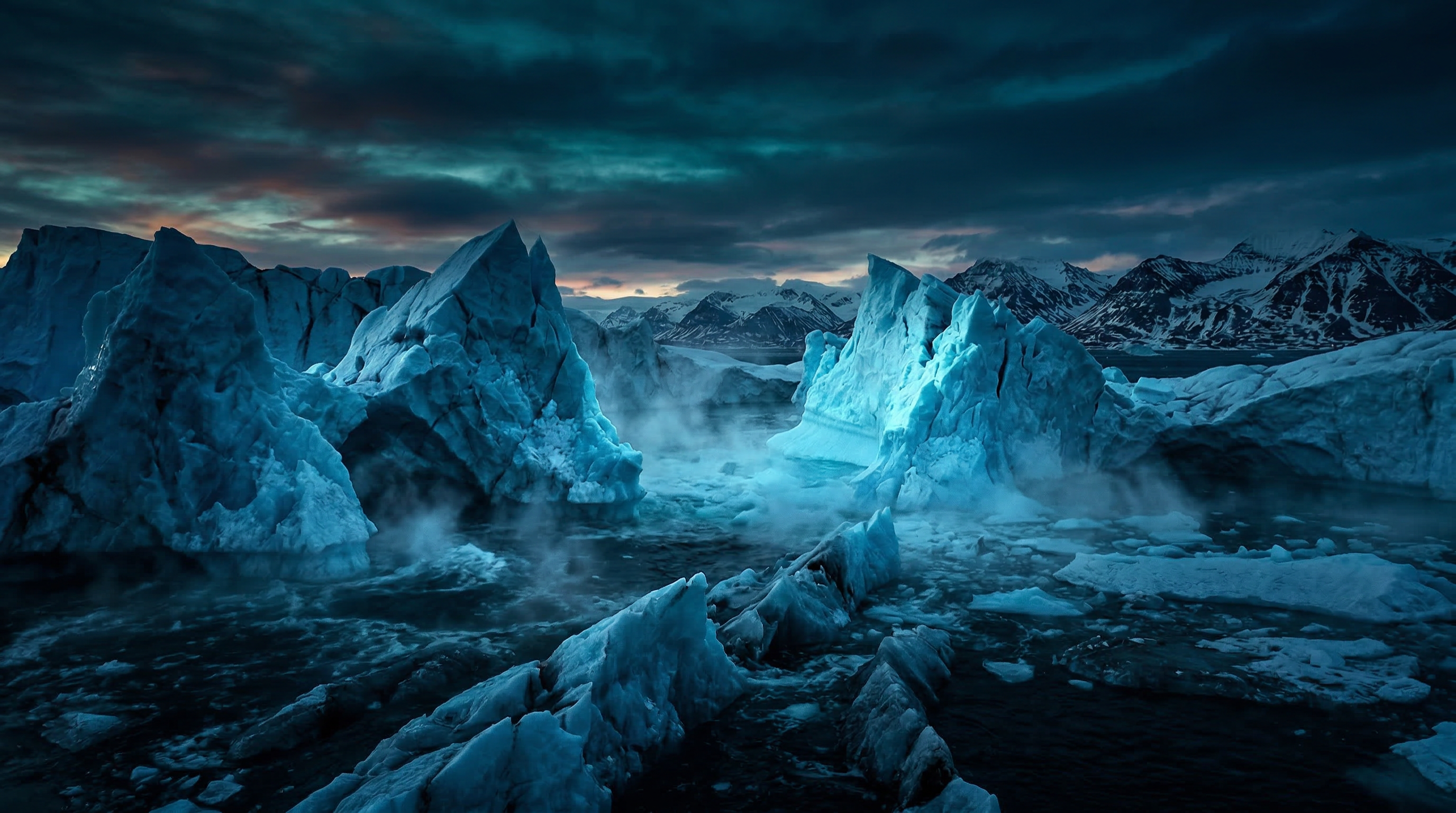 Arctic ice formations under dramatic sky